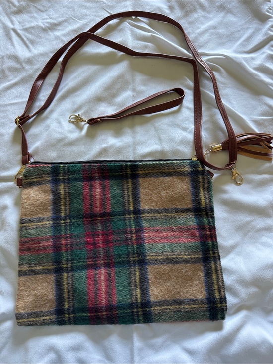 Handbags - Plaid Wool Crossbody or Wristlet Bag with Brown Leather Tassel Zipper Pull